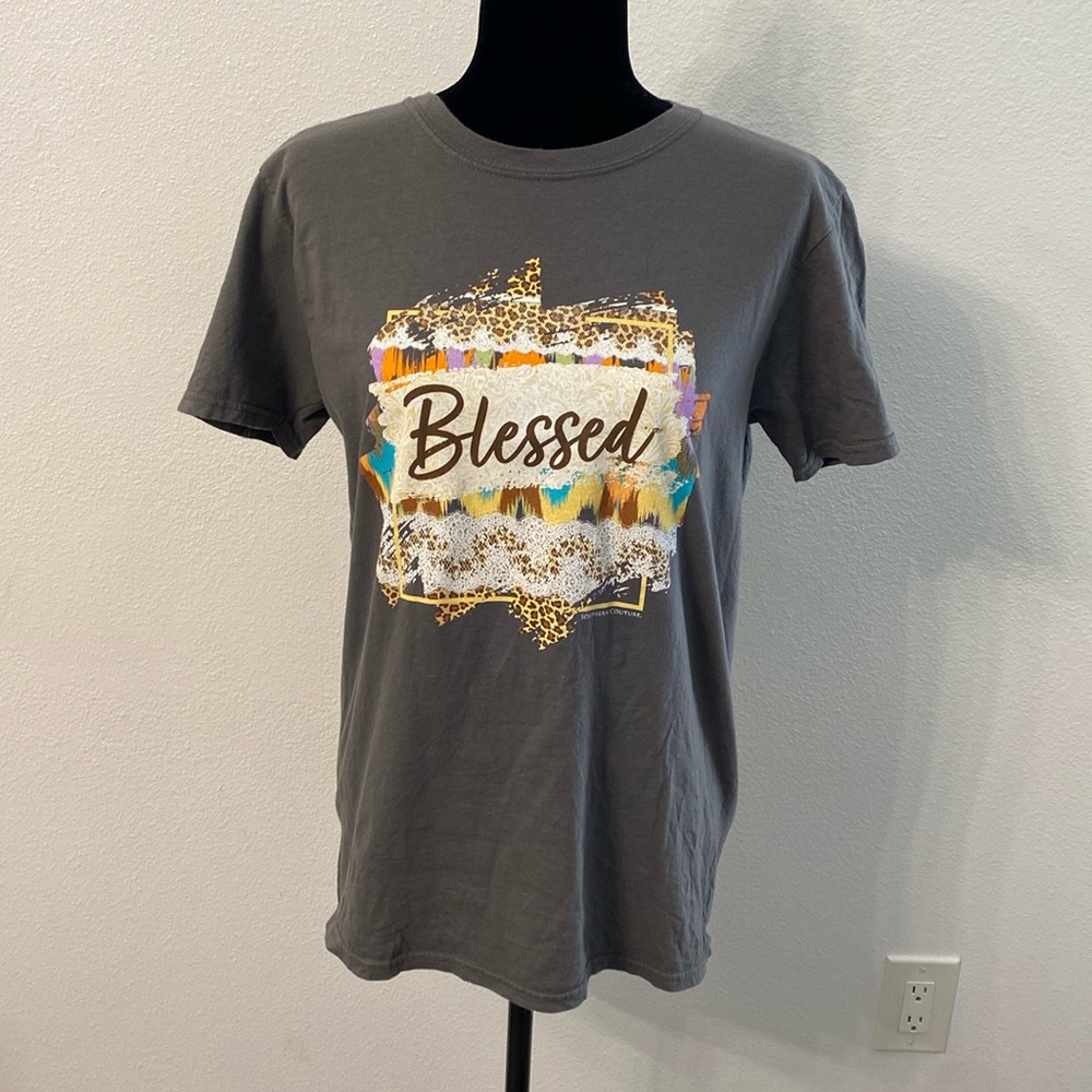 Gray Southern Couture ‘Blessed’ Short Sleeve Tee Size Medium 100% Cotton